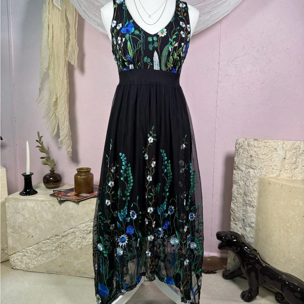 INC Black Embroidered Floral Mesh Midi Dress - Picture 5 of 7